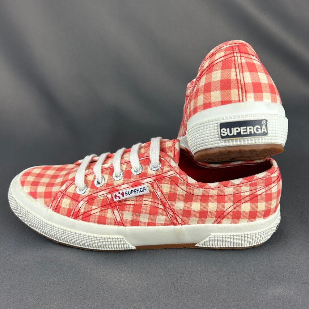 Superga Red and White Gingham Sneakers Check Plaid Lace Up Women’s Size 7 NEW - Picture 2 of 15